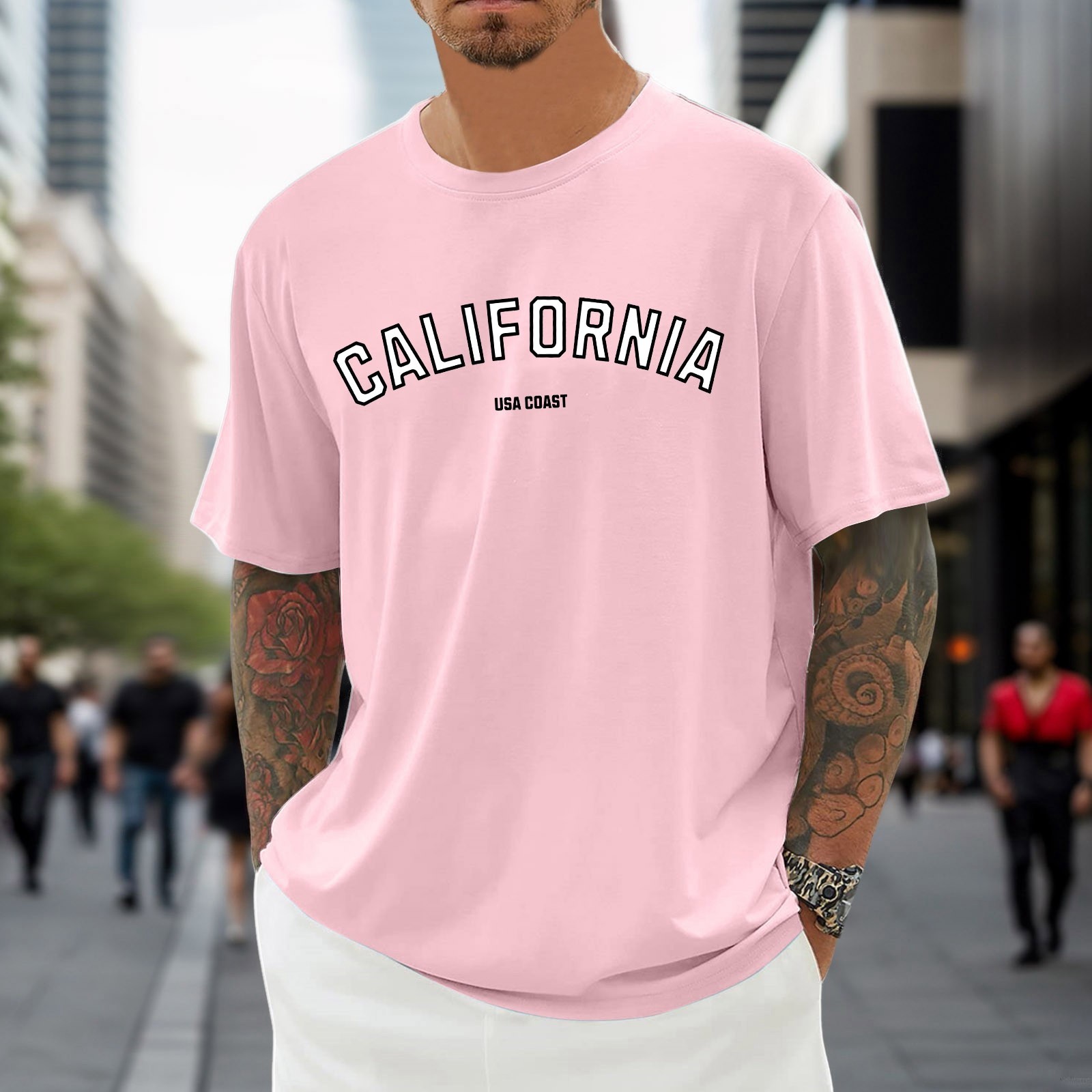 thumbnail image 3 of Camiseta oversize de verano para hombre - Cuello redondo y manga corta con estampado urbano - Camiseta deportiva holgada e informal, 3 of 5